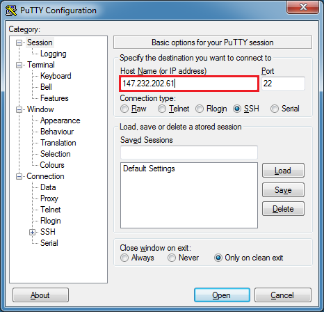 Prihlásenie cez PuTTY